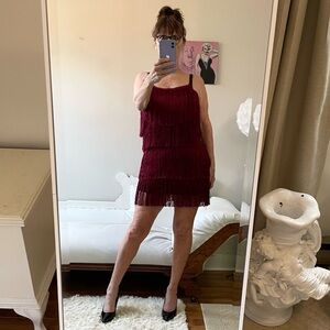 BURGUNDY WINE RED FRINGED DRESS ADJUSTABLE STRAPS SIDE ZIPPER TASSELS STRETCH